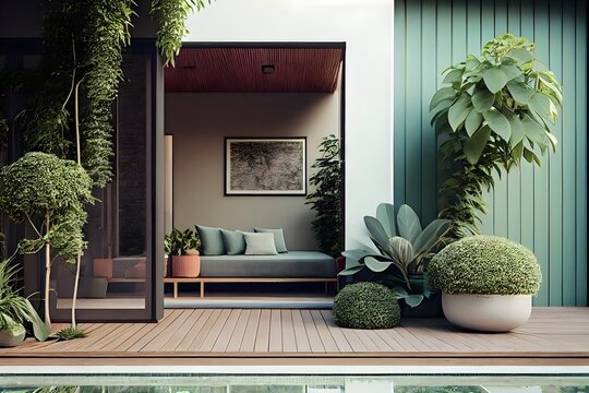 Eine moderne, minimalistische Apartmentterrasse zum Entspannen, mit kleinem Pool und Platz für Zen-Meditation, generative Ai, in erdigen und grünen Farben, tropisches Design