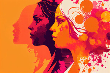 Women rights day Wallpapers: feminism and Artistic abstract women backgrounds in pink and orange. 3 women's profile stand together with dots. - obrazy, fototapety, plakaty