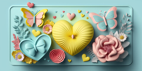 Paper Art in Heart and Flower Shape, Pastel Color, Combination Yellow, Pink, and Blue for Greeting Card, Memo, Note, Gift, Wallpaper, Theme, Background