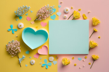 Fototapeta na wymiar Paper Art in Heart and Flower Shape, Pastel Color, Combination Yellow, Pink, and Blue for Greeting Card, Memo, Note, Gift, Wallpaper, Theme, Background