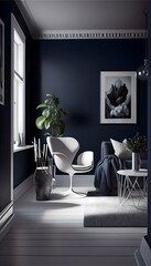 Scandinavian living room: A dark and moody living room with warm blue walls and white tile floors. generativea ai,  white table with a chrome table leg is centered in the room 