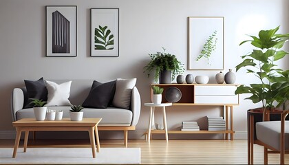 Modern living room. A neutral color palette is accented by subtle pops of color and natural elements, generative ai.