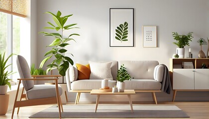 Simple and Sweet: A Minimalist living Room Design. A neutral color palette is accented by subtle pops of color and natural elements. Generative AI with plants and wooden furniture. 