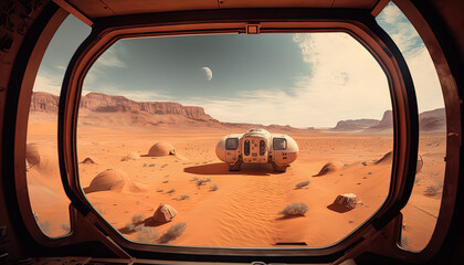 Mars colony module seen through a module window. Generative AI, this image is not based on any original image, character or person.