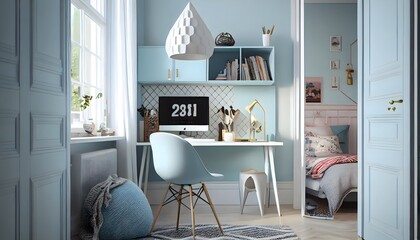 Pastel blue walls and white tile floors characterize this soft and sweet Scandinavian teen study space. Interior decoration, generative ai