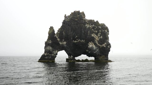 Hvitserkur rock or arch in the ocean. Cliffs and landscape in Iceland. High quality 4k footage.