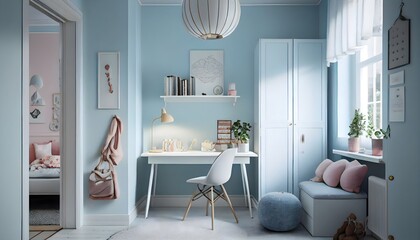 Soft and Sweet Scandinavian Teenage Study Room: A feminine and light teen study room with pastel blue walls and white tile floors. generative ai, interior design