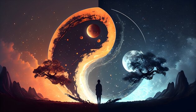 Planet in space in Yin and yang lighting, generative ai, day and light