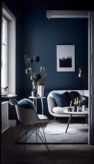 Warm blue Scandinavian living room: A dark and moody living room with navy blue walls and white tile floors.  generative ai, A sleek white table with a chrome table leg is centered in the room