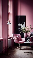 A sleek white table with a chrome table leg is centered in the room and a modern white chair rests against the wall. interior design, generative ai, Warm pink Scandinavian living room.