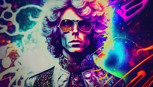 Man in Glam Rock mixed with New Age of Aquarius colourful style. Generative AI, this image is not based on any original image, character or person.