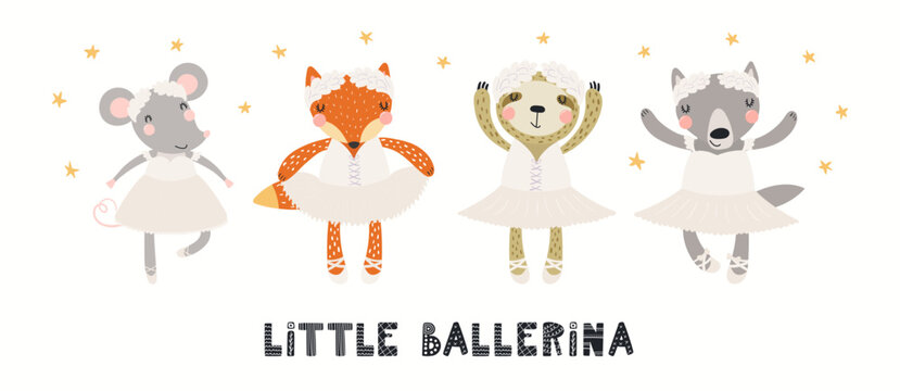 Banner, card with cute animal girls, ballet dancers, quote Little ballerina, isolated on white. Hand drawn vector illustration. Scandinavian style flat design. Concept for kids fashion, textile print