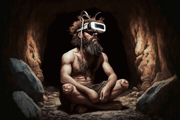 caveman with VR Headset imagining the universe through metaverse, generative ai