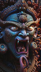 Fototapeta premium Ornate tribal statue face open mouth. Generative AI, this image is not based on any original image, character or person.