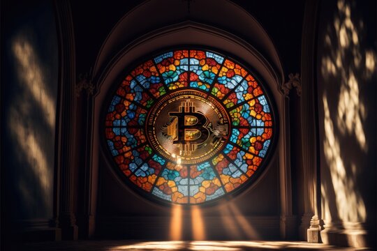 the bitcoin faith, stained glass coin ,cryptocurrency wallapper, generative AI