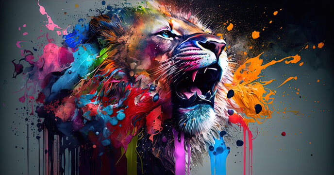 Lion with energetic colourful  energy. Generative AI, this image is not based on any original image, character or person.