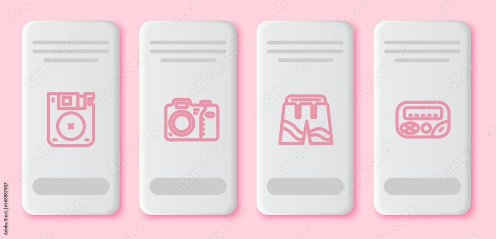 Sticker Set line Floppy disk, Photo camera, Short or pants and Pager. White rectangle button. Vector