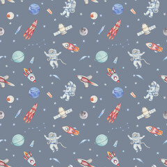 Watercolor illustration. Seamless pattern from hand painted spacemen, rockets, spaceships in outer space. Planets Uranus, Neptun, moon, stars, comet, Ursa Major. Space Day. Print on grey background © Olga Sidelnikova