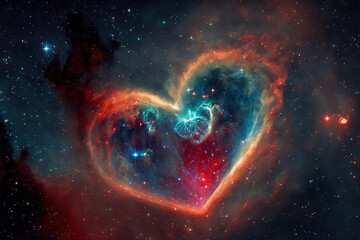 Heart shaped nebula among the stars. Pink Heart galaxy. Valentine's Day copy-space. Generative AI