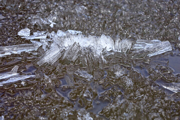 Ice drift on the river. Melting ice on the river has a crystalline structure. 
Melting ice in the river creates a beautiful abstract picture.
