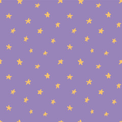 Scattered stars simple seamless pattern, yellow on violet background. Hand drawn vector illustration. Childish texture. Design concept for kids fashion print, textile, fabric, wallpaper, packaging.