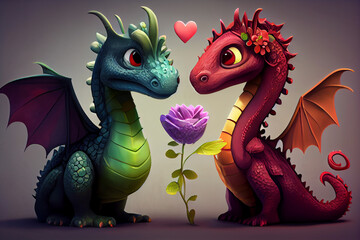 Naklejka premium Dragons In Love Cute Cartoon, Heart