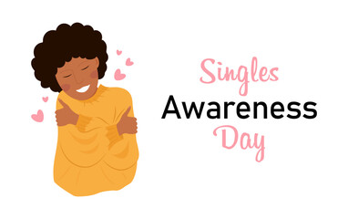 Singles awareness day. Happy dark-skinned girl hugs herself lovingly. Self love.