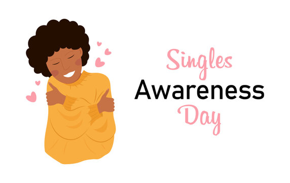 Singles awareness day.  Happy dark-skinned girl hugs herself lovingly. Self love.