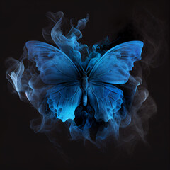 Contours of blue butterfly in smoke on black background, fantastic magic background, unusual beautiful wallpaper