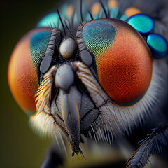 Red orange fantastic eye big fly closeup macro, facet vision of insects