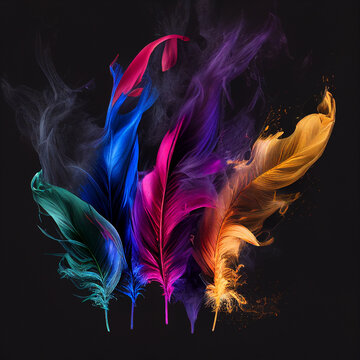 Contours of colored multicolor feathers in smoke on black background, fantastic magic background, unusual beautiful wallpaper