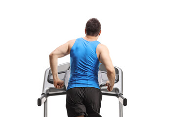 Fototapeta na wymiar Back view of a man running on a treadmill