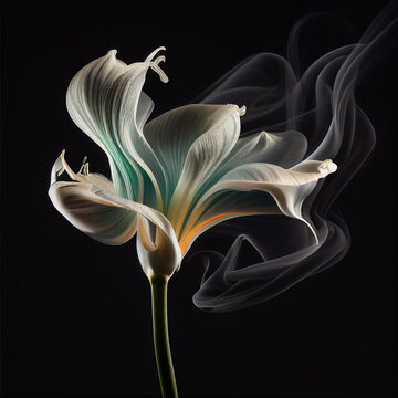 Contours of beautiful white lily flower in smoke on black background, fantastic magic background, unusual beautiful wallpaper 