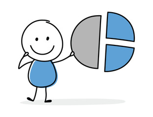 Funny cartoon stickman holding chart pie icon. Hand drawn design for a business presentation. Vector illustration