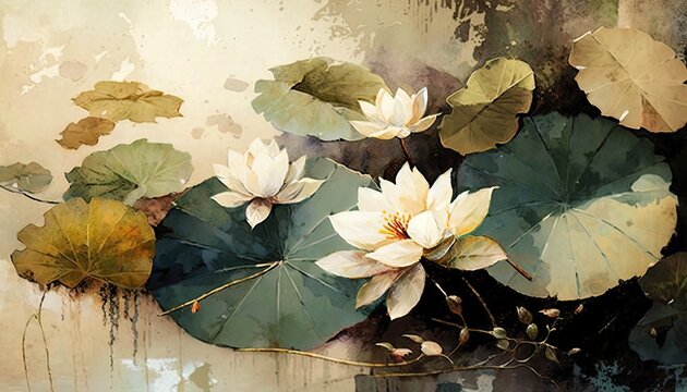 Fototapeta vintage leaves and water lilies on the textured background, pale pastel colors wall murals, photo wallpaper, generative ai