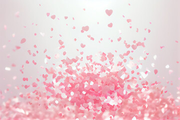 Pink and red heart shape confetti scatters in the air white background. Generative AI