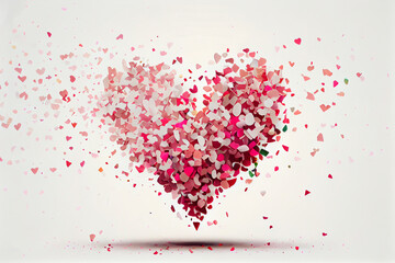 Obraz premium Pink and red heart shape confetti scatters in the air white background. Generative AI