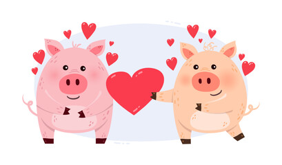 Cute pigs with hearts for Valentine’s Day. Concept of cartoon style animal couple in love. Drawing for invitation, cards, poster. Vector illustration