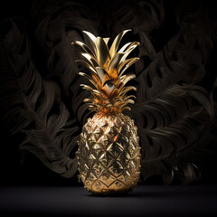 Golden pineapple isolated on black closeup, pineapple covered with gold, unusual fruit, for advertising banners, packaging design