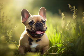 French Bulldog Pose in the Green Field Grass. Generative AI