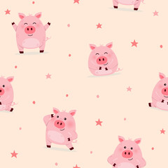 Seamless pattern with funny pigs. Design of a wrapping paper, wallpaper and textile. Decoration for children. Vector illustration