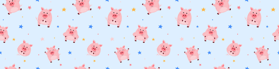 Cute little pigs on blue background. Seamless pattern. Panoramic header. Vector illustration