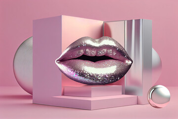 Plump female lips of silver-violet color on podium background Valentines day