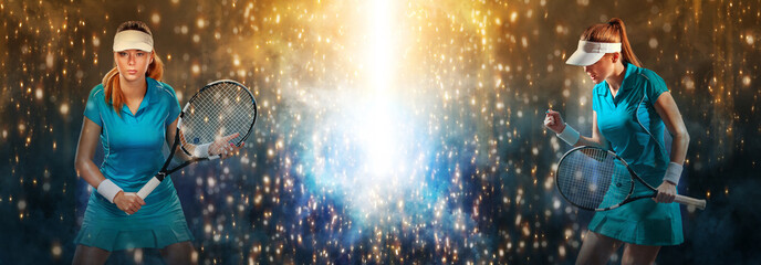 Tennis player banner. Template for a sports magazine or bookmakers website with copy space. Mockup for betting advertisement.