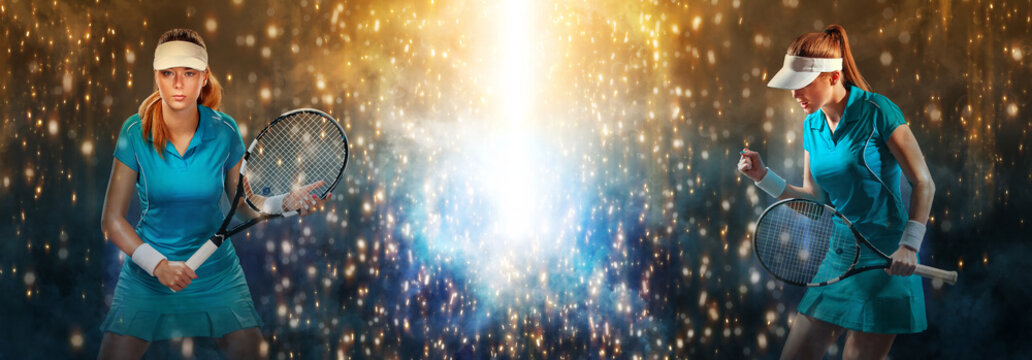 Tennis player banner. Template for a sports magazine or bookmakers website with copy space. Mockup for betting advertisement.