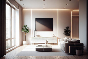 Minimal Living room with Home decoration. Cozy stylish with sofa and blank frame. Modern design background with Generative AI.