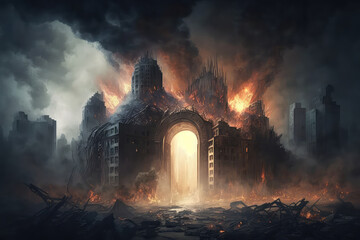 Digital 3D Painting Illustration of A city is destroyed with fire and plumes of smoke. (ai generated)