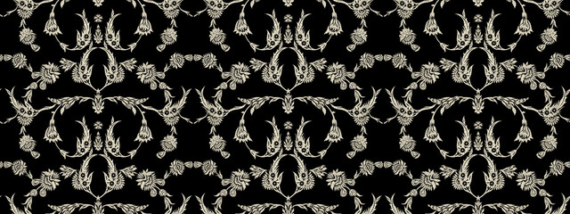 Asian damask wallpaper pattern design. Floral pattern. Wallpaper baroque, damask. Seamless vector background. Black and white ornament.