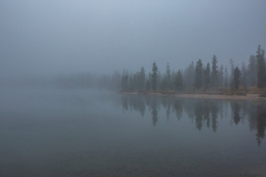 USA, Idaho, Stanley, Fog over lake and forest in autumn 