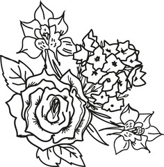 Flowers bouquet in line contour art with rose and orchids. Black line decor with rose for wedding or business cards and textile prints.